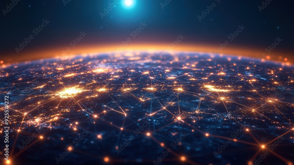Poster a digital rendering of a global network with glowing lines connecting continents, symbolizing the va