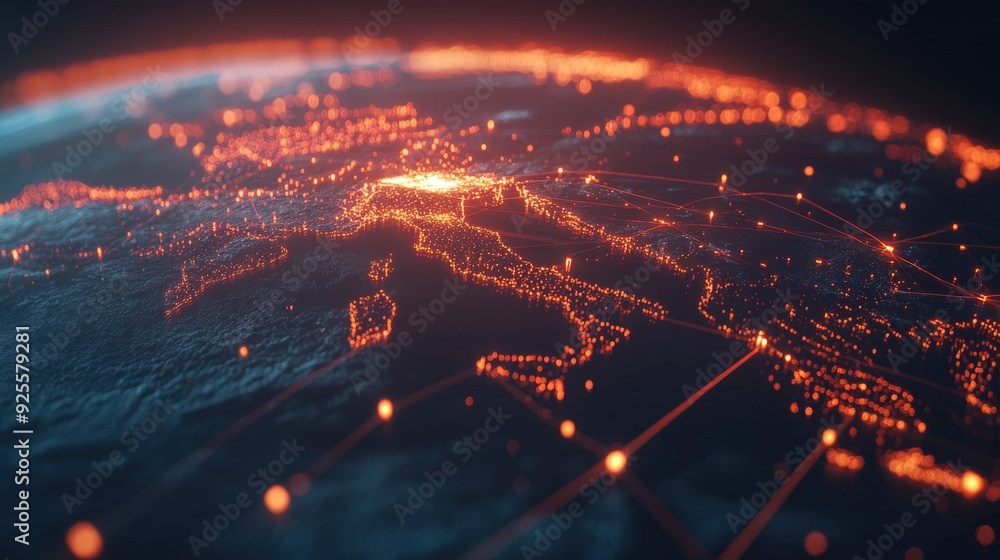 Poster a digital rendering of a global network with glowing lines connecting continents, symbolizing the va