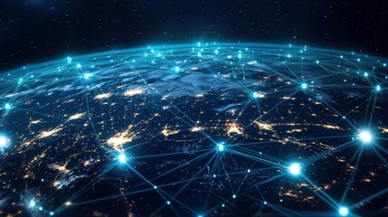 A digital rendering of a global network with interconnected nodes, symbolizing the reach of technology across the world.