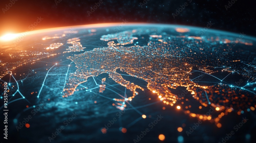 Poster a digital rendering of a global network with nodes representing major cities, symbolizing the urban 