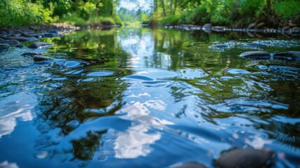 Fototapeta premium A close-up of a river's surface, reflecting the blue sky and surrounding trees, capturing the beauty of nature.
