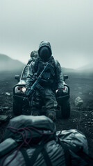 Fototapeta premium A soldier dressed in full tactical gear approaches an SUV while carrying equipment amidst a misty landscape