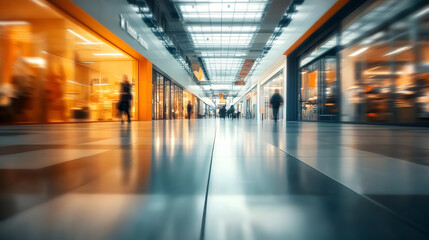 A blurred view of a shopping mall corridor with stores on either side.