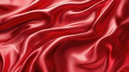 Red soft satin fabric waves background design. Texture with smooth flowing patterns and light shiny effect