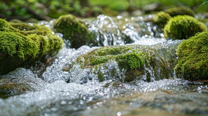 A close-up of water flowing over moss-covered rocks in a stream, creating a peaceful and natural scene.
