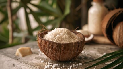 Fototapeta premium A coconut husk being used as a natural scrubber, promoting sustainable and eco-friendly practices.