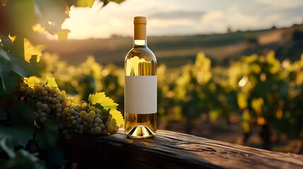 A bottle of white wine in a vineyard at sunset.