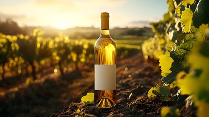 A bottle of white wine in a vineyard at sunset.