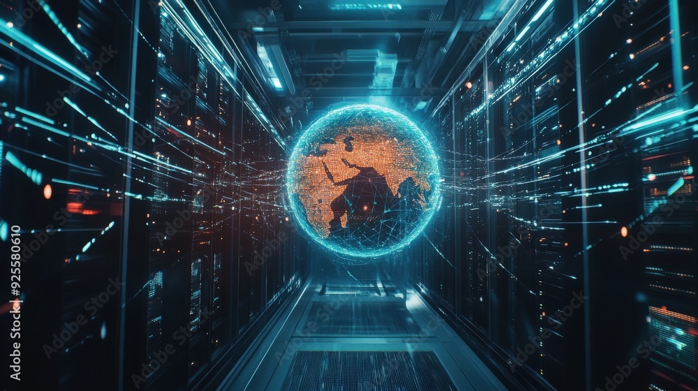 Poster a futuristic data center with a holographic globe surrounded by network lines, symbolizing the globa
