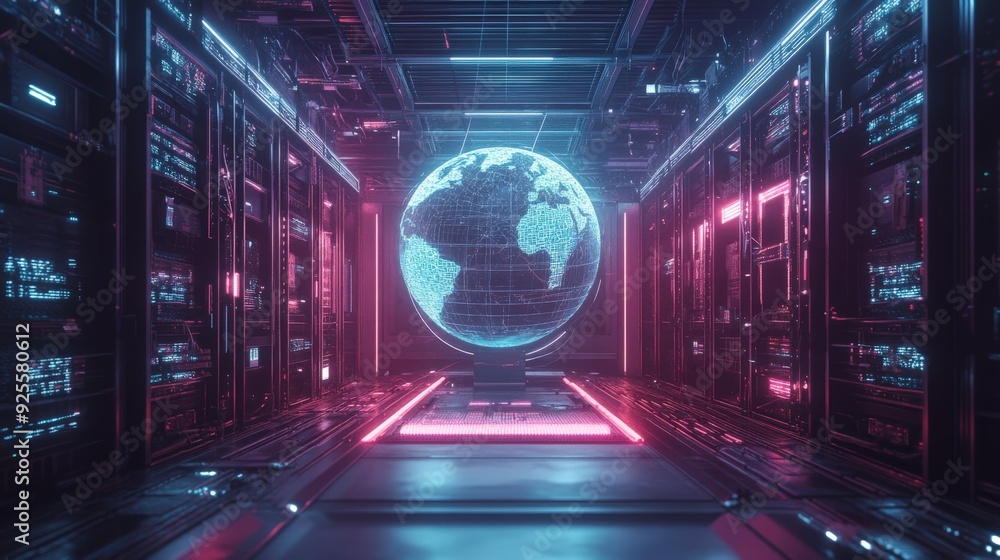 Poster a futuristic data center with a holographic globe surrounded by network lines, symbolizing the globa