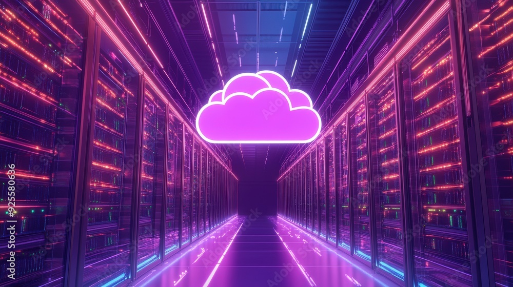 Poster a futuristic data center with glowing servers and a central cloud icon, representing the backbone of