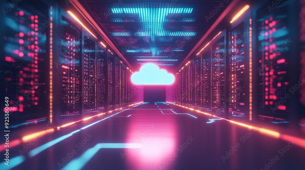 Poster a futuristic data center with glowing servers and a central cloud icon, representing the backbone of