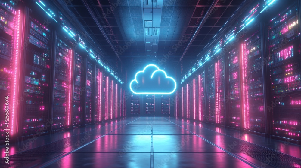 Poster a futuristic data center with glowing servers and a central cloud icon, representing the backbone of