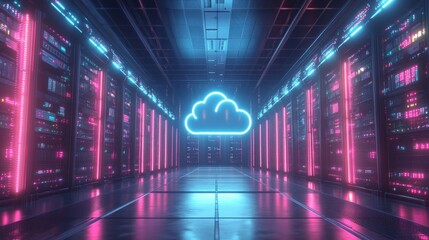 Fototapeta premium A futuristic data center with glowing servers and a central cloud icon, representing the backbone of cloud computing.