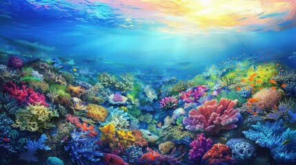 A colorful coral reef at sunrise, with the first light of day illuminating the underwater landscape.