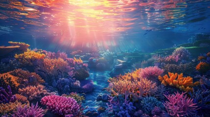 Fototapeta premium A colorful coral reef at sunrise, with the first light of day illuminating the underwater landscape.