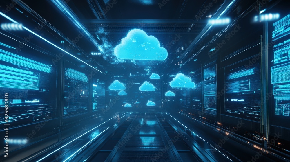 Poster a futuristic data center with holographic cloud displays, symbolizing the advanced technology behind