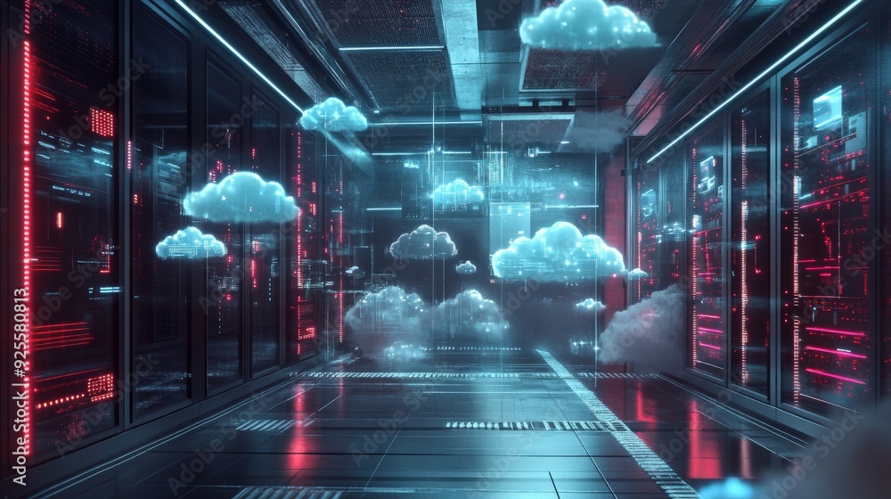 Poster a futuristic data center with holographic cloud displays, symbolizing the advanced technology behind