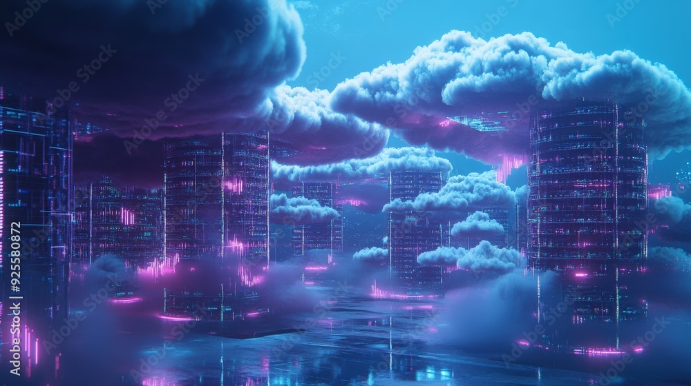 Poster a futuristic data center with layers of glowing cloud servers, representing the scalability of cloud