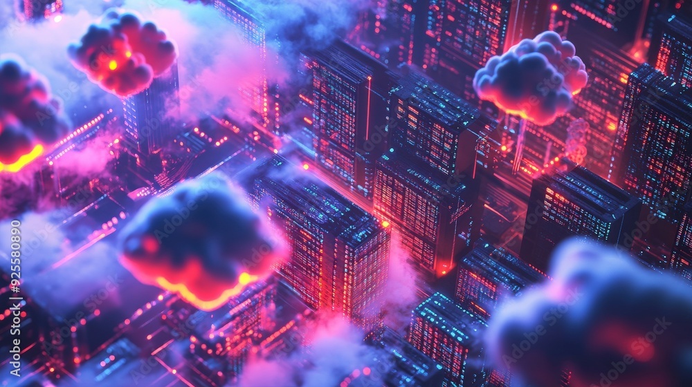 Poster a futuristic data center with layers of glowing cloud servers, representing the scalability of cloud
