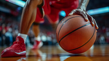 A close-up of a basketball player's hand gripping a ball on a court.