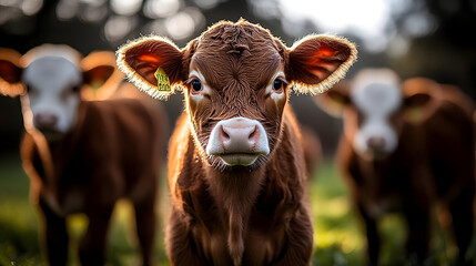 A close-up of a calf with two others in the background.