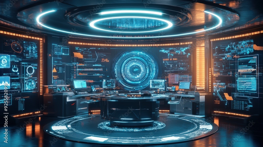 Poster a futuristic network operations center with holographic displays of network services and data flow.