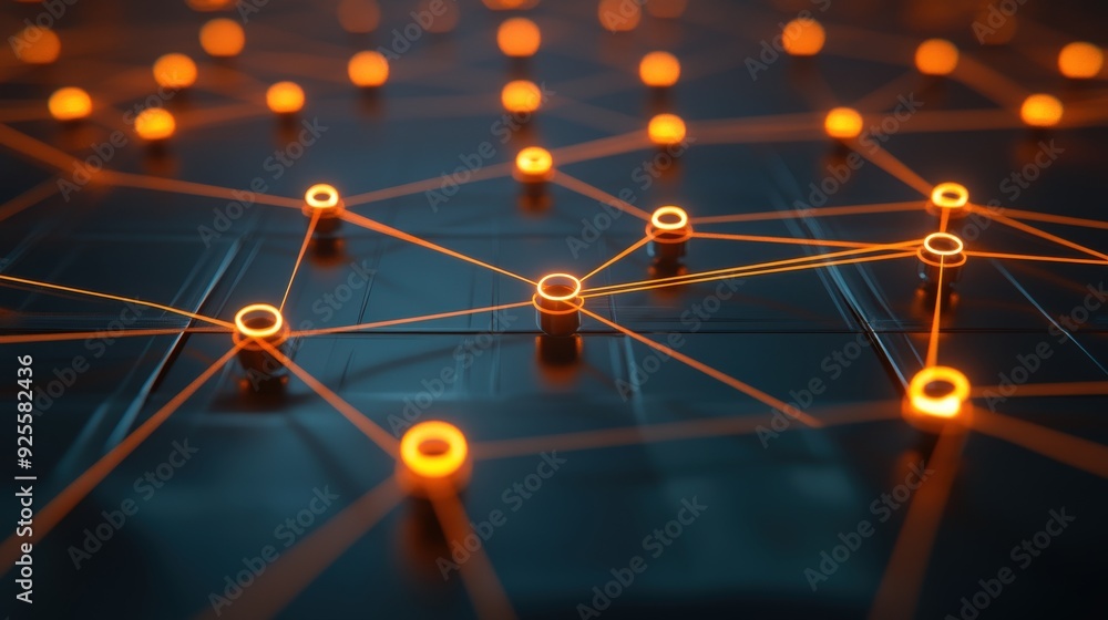 Poster a glowing network diagram with interconnected nodes, representing the complex web of network technol