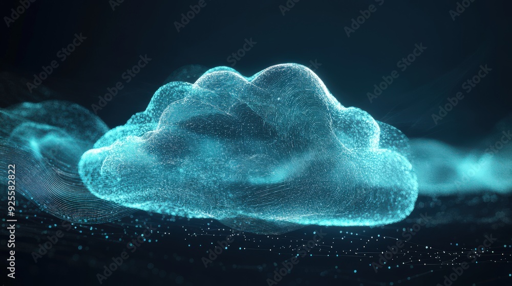 Poster a holographic abstract cloud with layers of digital patterns, representing the multi-faceted nature 