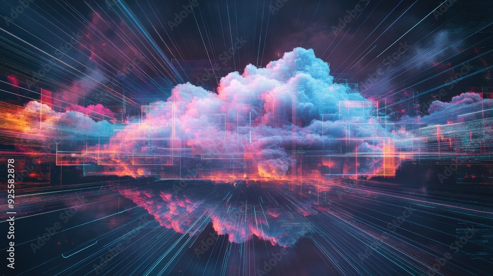 Aufkleber a holographic abstract cloud with layers of digital patterns, representing the multi-faceted nature 