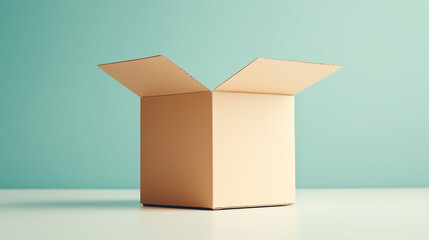 An open empty box stands against a turquoise wall