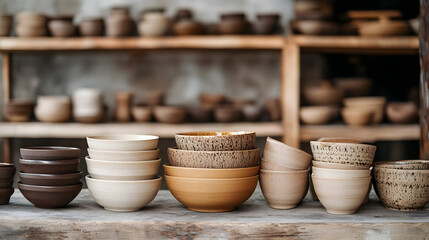 A collection of ceramic bowls arranged on wooden shelves.
