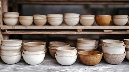 A collection of ceramic bowls displayed on wooden shelves.