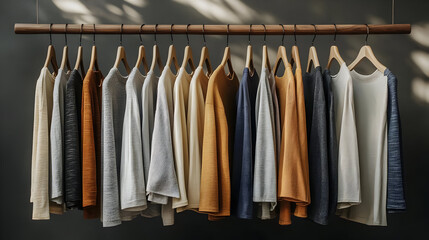 A collection of colorful t-shirts displayed on hangers.