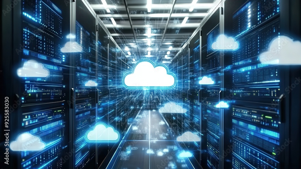 Poster a modern data center with glowing cloud icons on the server racks, symbolizing cloud storage and com
