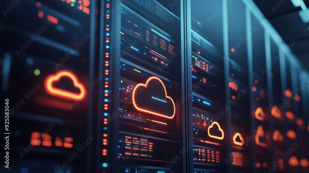 Poster a modern data center with glowing cloud icons on the server racks, symbolizing cloud storage and com