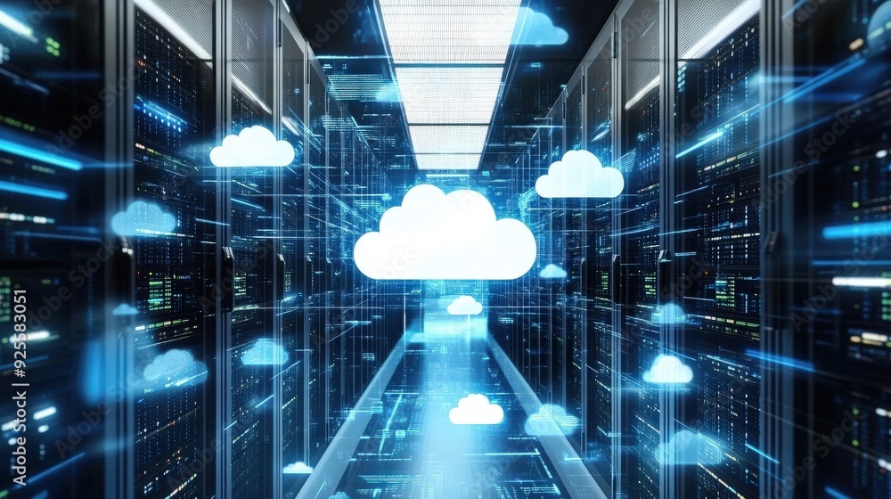Poster a modern data center with glowing cloud icons on the server racks, symbolizing cloud storage and com