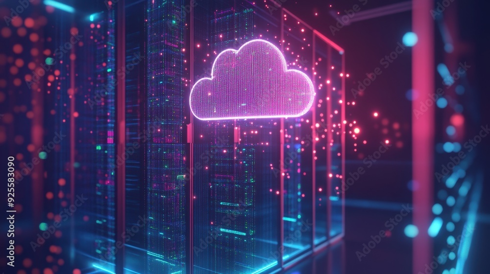 Poster a modern data center with glowing servers and a digital cloud icon above, symbolizing the core infra
