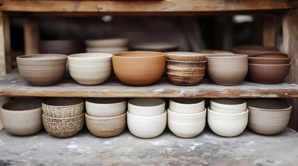 A collection of handcrafted pottery bowls on wooden shelves.