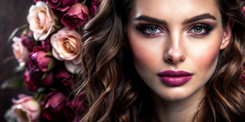 Fototapeta premium A stunning portrait of a woman against a backdrop of vibrant roses, capturing her elegant beauty and deep gaze in soft, natural light. Generative AI