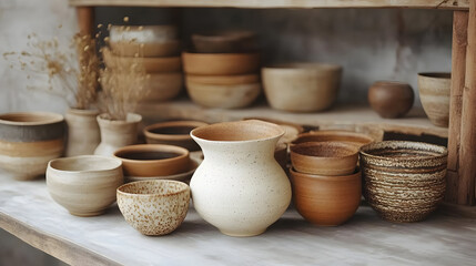 A collection of handcrafted pottery displayed on wooden shelves.
