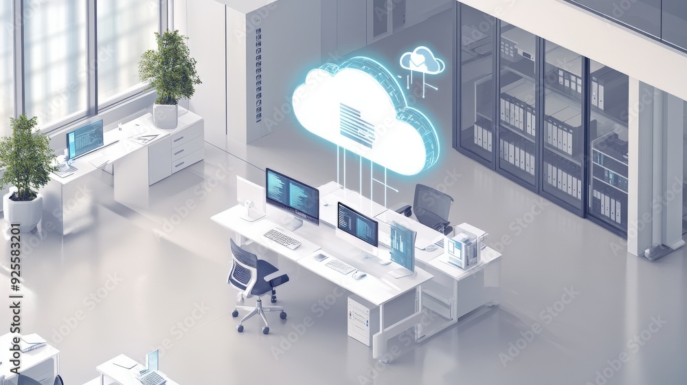 Poster a modern office with multiple devices connected to a digital cloud, symbolizing the seamless integra
