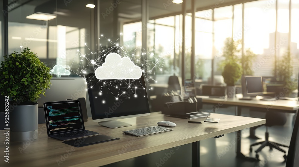 Poster a modern office with multiple devices connected to a digital cloud, symbolizing the seamless integra
