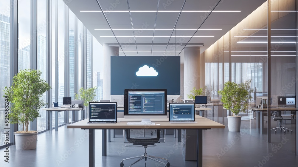 Poster a modern office with multiple devices connected to a digital cloud, symbolizing the seamless integra