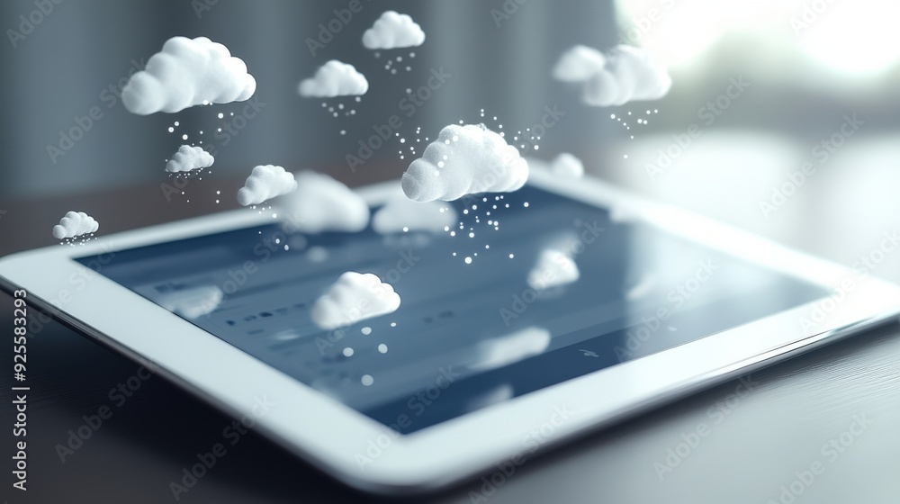 Poster a white tablet showing a cloud-based application, with white cloud icons floating above it, symboliz