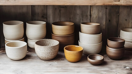 A collection of various ceramic bowls arranged on a wooden shelf.