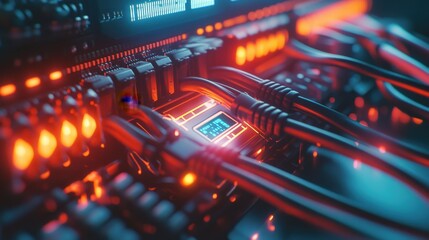 Fototapeta premium A network switch with connected cables, glowing LEDs, and a digital display showing network traffic, symbolizing data management.