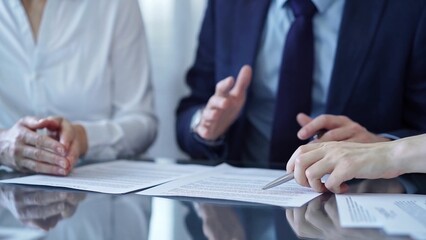 Diverse business people discussing contract papers before signing. Teamwork of lawyers