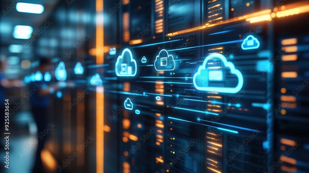 Poster a team of it professionals working in a data center with glowing cloud icons, symbolizing cloud comp