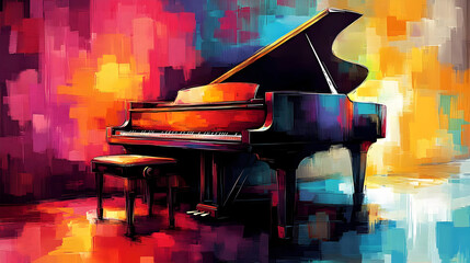 A colorful grand piano with a vibrant abstract background.